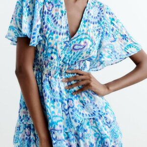Zara New With Tags blue/teal ikat S - pattern dress